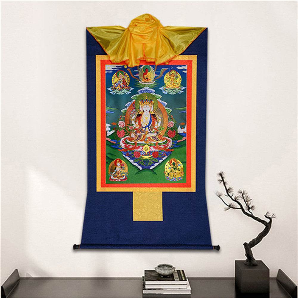 Usnisa Vijaya and 5 Healing Buddhas - Tibetan thangka painting, detailed view