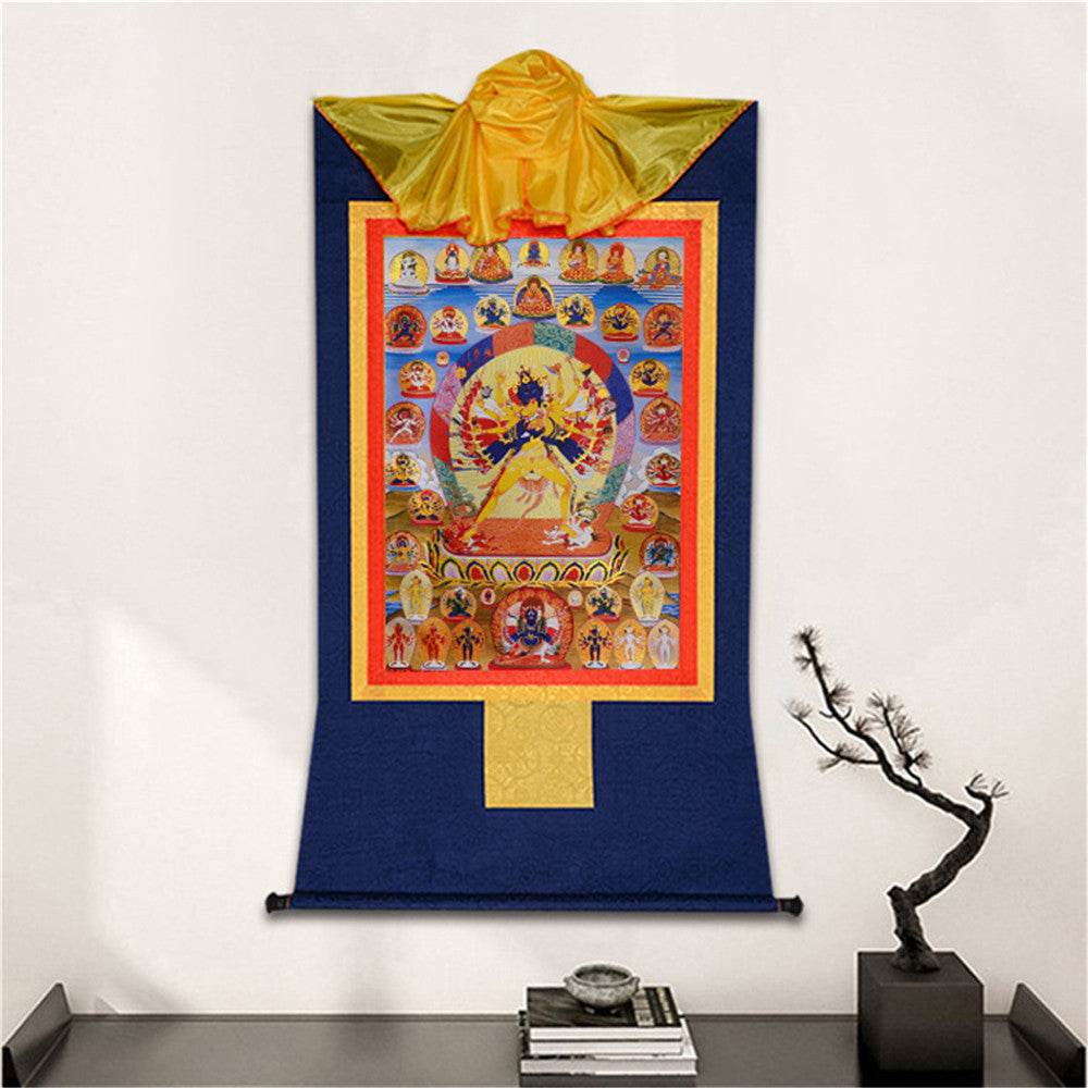 Kalacakra Vajrayogini in Yab Yum - Tibetan thangka painting, detailed view