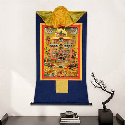 Guru Rinpoche Pure Land - Tibetan thangka painting, detailed view