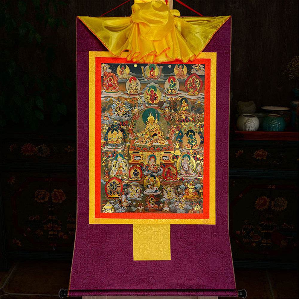 Guru Rinpoche and Gods of Wealth - Tibetan thangka painting, view 13
