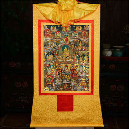 Guru Rinpoche and Gods of Wealth - Tibetan thangka painting, view 15