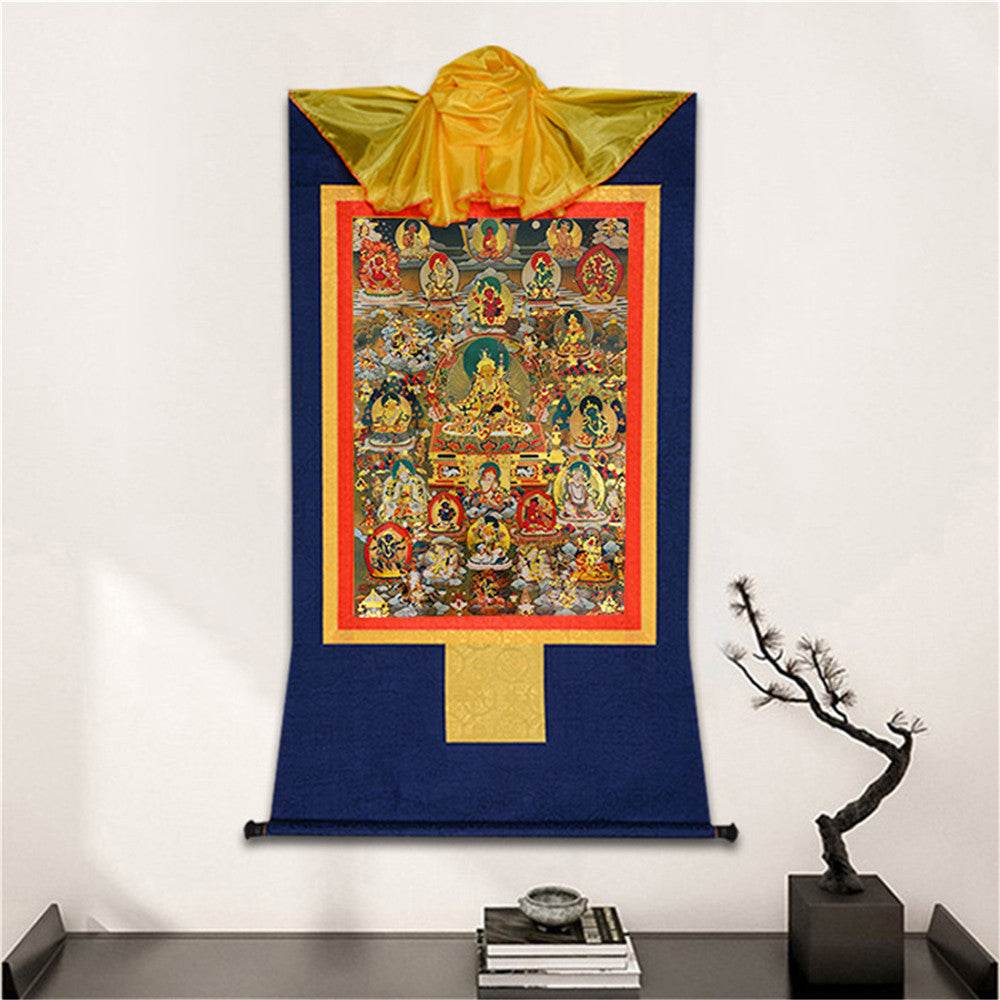 Guru Rinpoche and Gods of Wealth - Tibetan thangka painting, detailed view