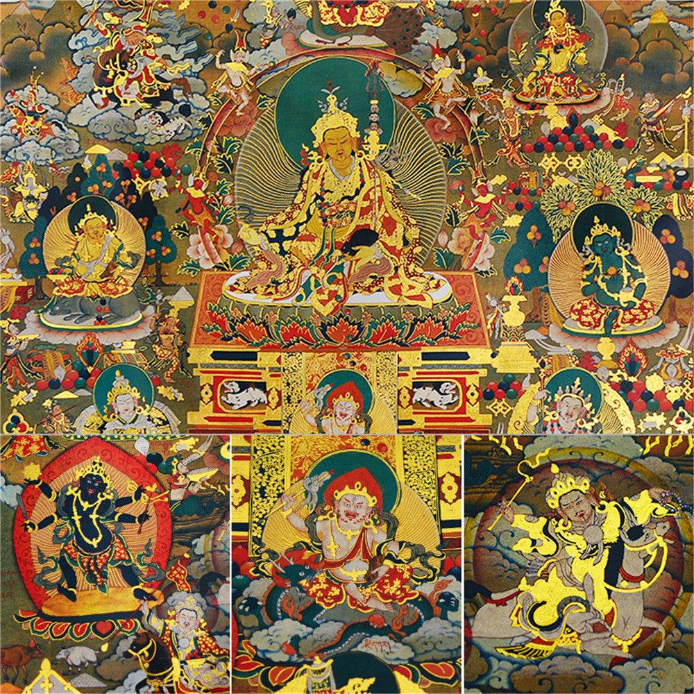 Guru Rinpoche and Gods of Wealth - Tibetan thangka painting, view 12