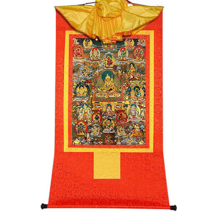 Guru Rinpoche and Gods of Wealth - Tibetan thangka painting, view 16