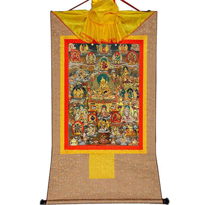Guru Rinpoche and Gods of Wealth - Tibetan thangka painting, view 7