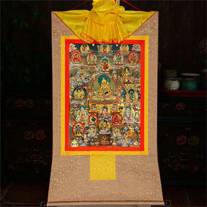 Guru Rinpoche and Gods of Wealth - Tibetan thangka painting, view 8