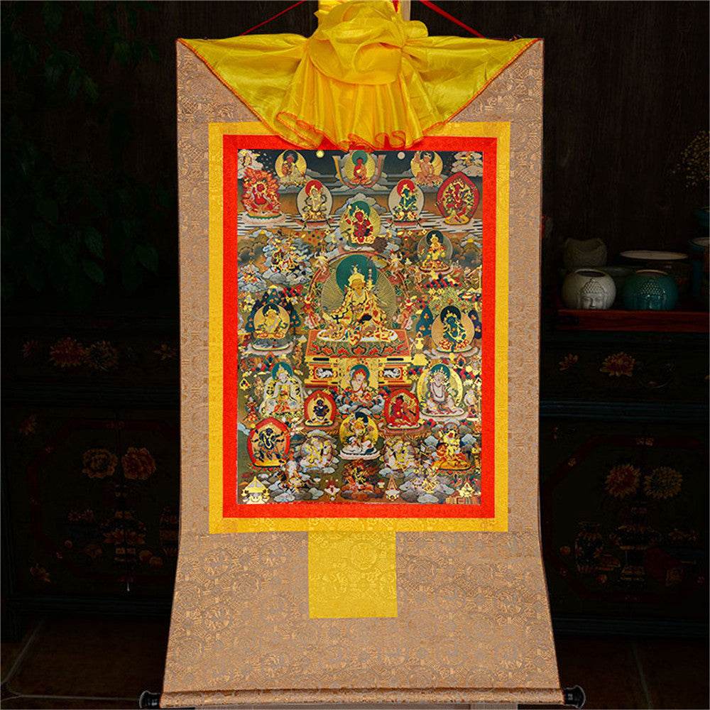 Guru Rinpoche and Gods of Wealth - Tibetan thangka painting, view 8
