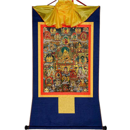 Guru Rinpoche and Gods of Wealth - Tibetan thangka painting, view 9