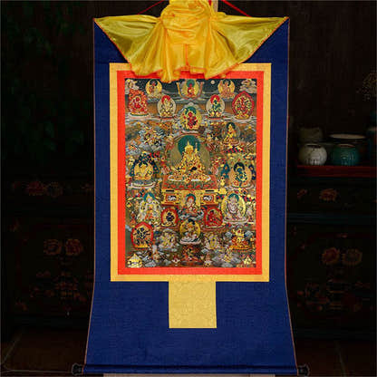 Guru Rinpoche and Gods of Wealth - Tibetan thangka painting, view 10