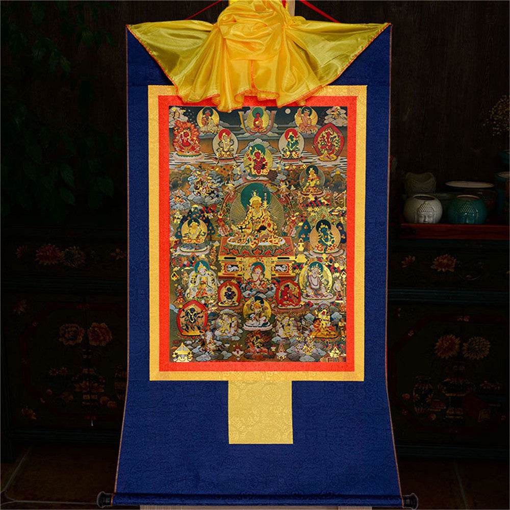 Guru Rinpoche and Gods of Wealth - Tibetan thangka painting, view 10