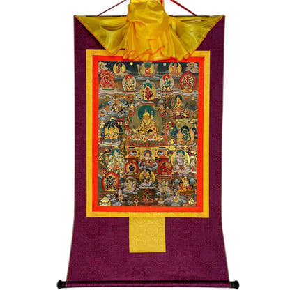 Guru Rinpoche and Gods of Wealth - Tibetan thangka painting, view 11