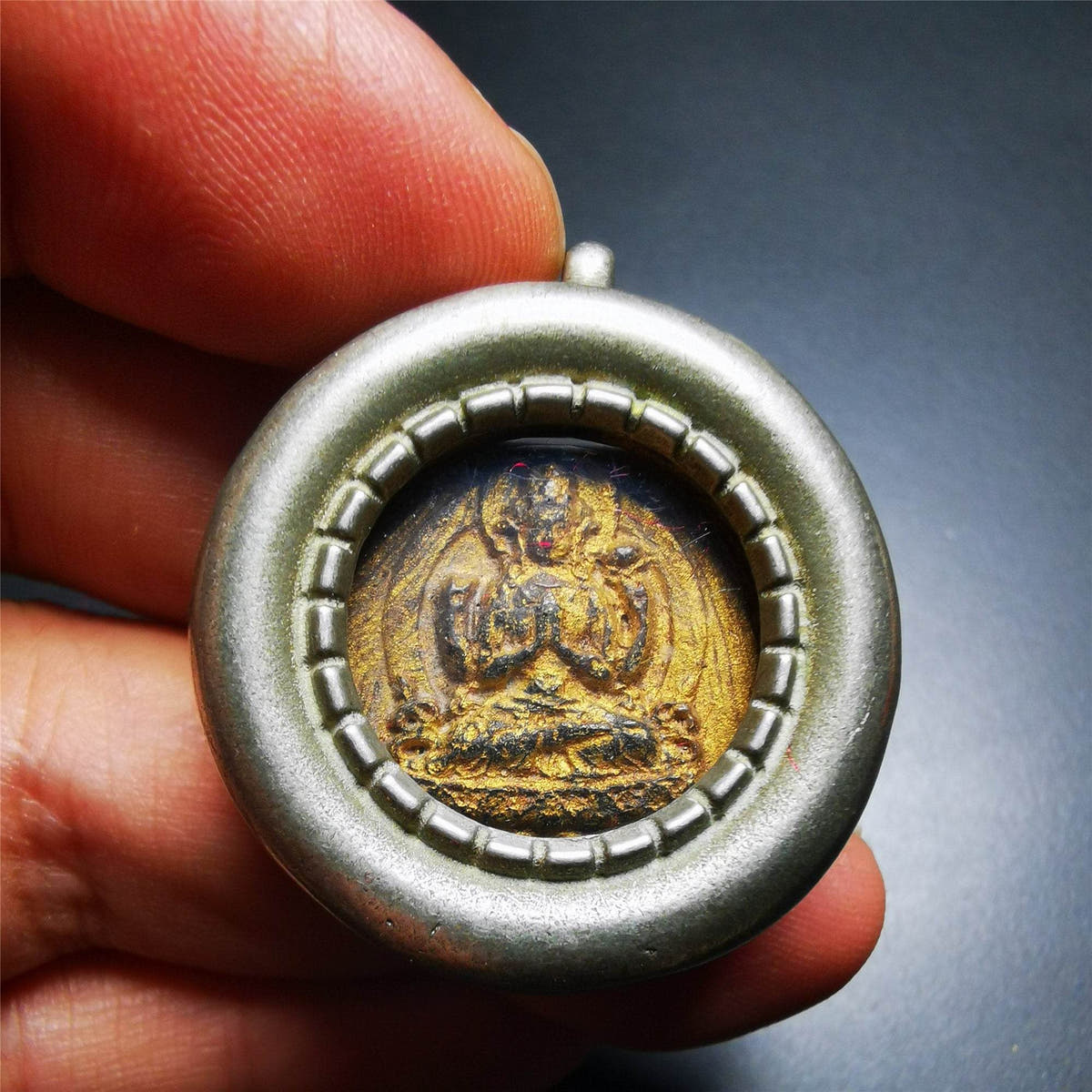 Gandhanra Antique Gau Ghau Shrine, with Old Chenrezig Tsa Statue,Round Tibetan B - Tibetan Buddhist amulet, view 5