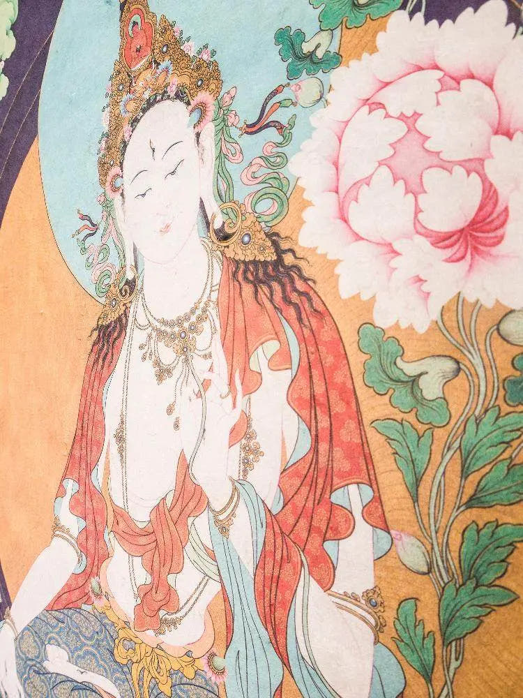 White Tara,Woodblock Thangka Art - Tibetan thangka painting, close-up detail