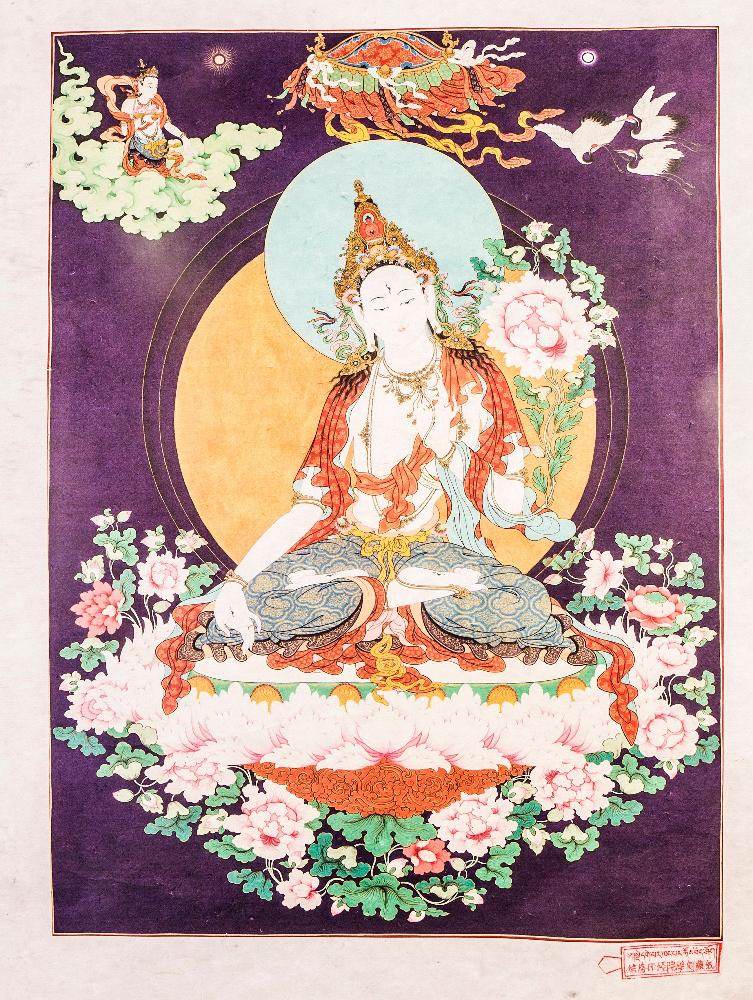 White Tara,Woodblock Thangka Art - Tibetan thangka painting, detailed view