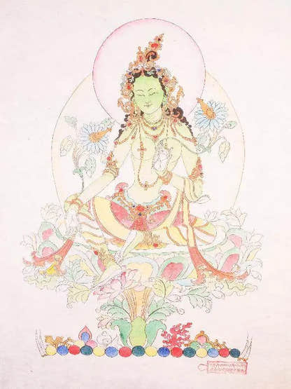 Green Tara Woodblock Thangka Art - Tibetan thangka painting, close-up detail