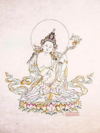 Saraswati,Sharada,Woodblock Thangka Art - Tibetan thangka painting, view 7
