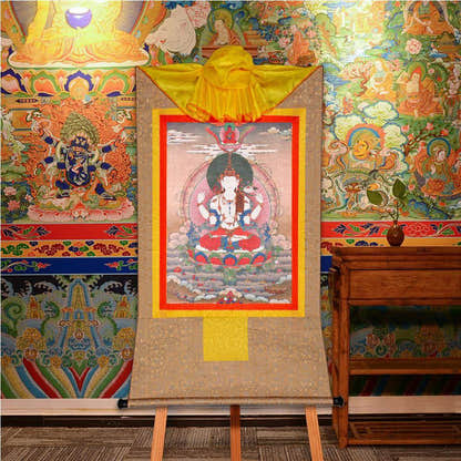 Chenrezig,Woodblock Thangka Art - Tibetan thangka painting, front view