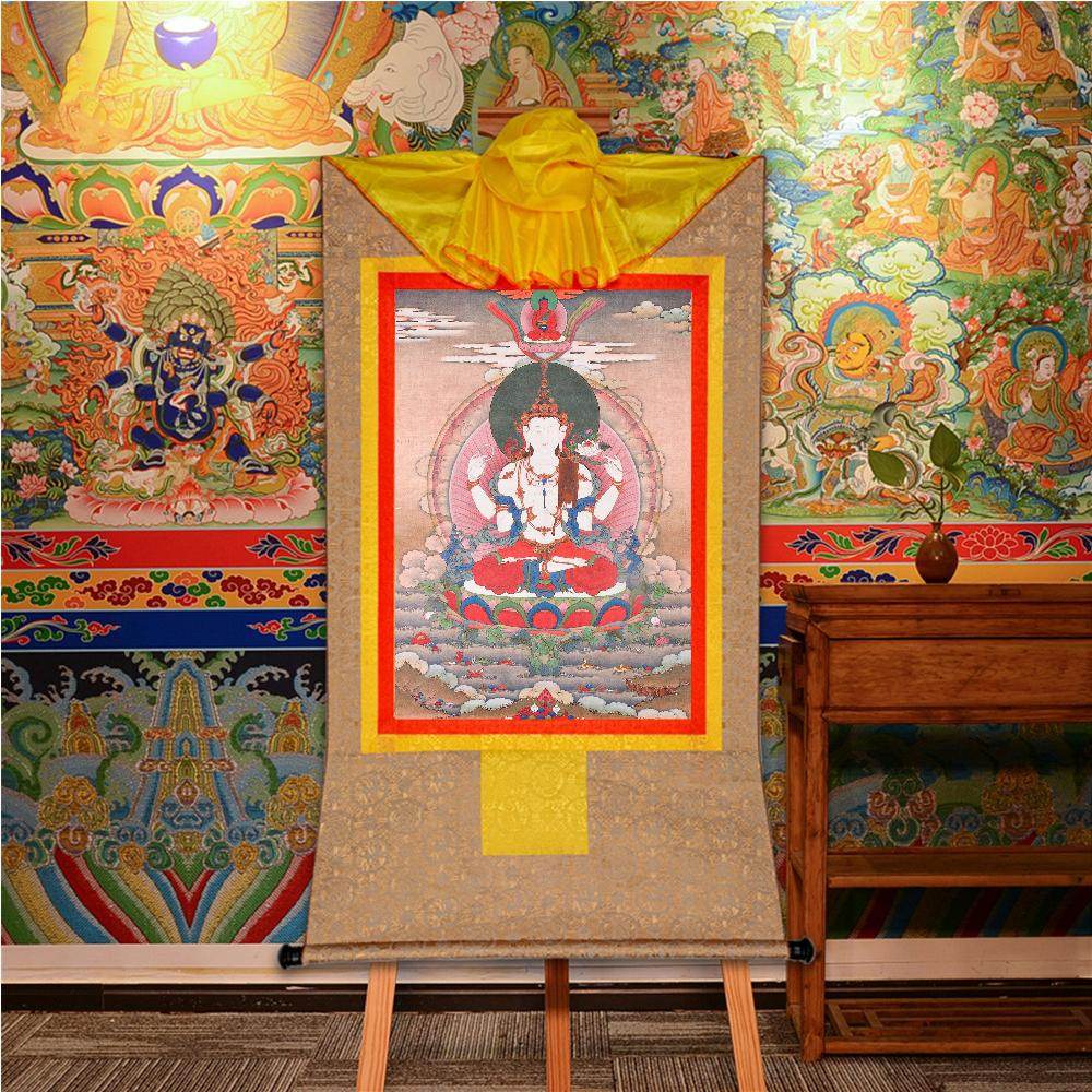 Chenrezig,Woodblock Thangka Art - Tibetan thangka painting, front view