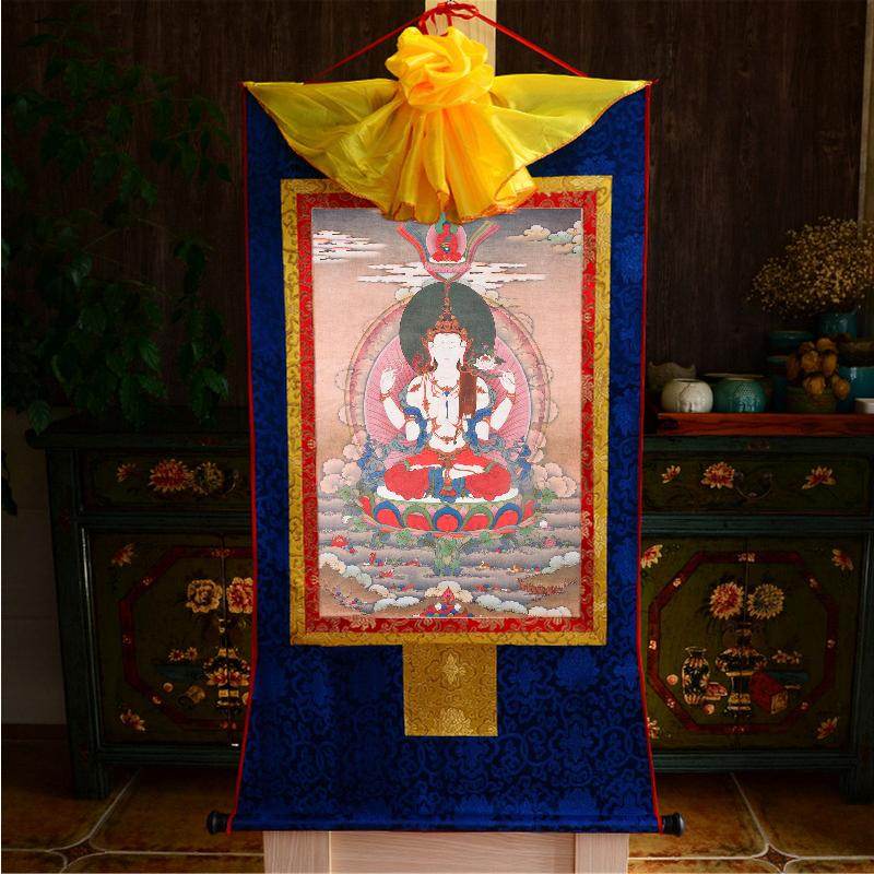 Chenrezig,Woodblock Thangka Art - Tibetan thangka painting, close-up detail