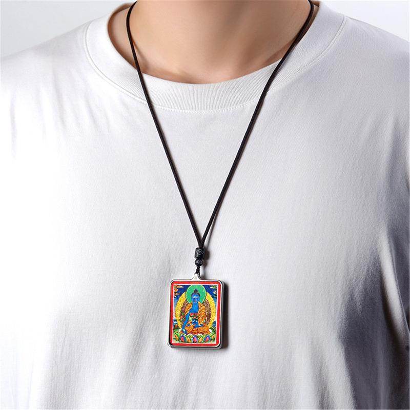 Handpainted Locket Thangka Amulet,Bhaisajyaguru,Medicine Buddha - Tibetan thangka painting, view 4
