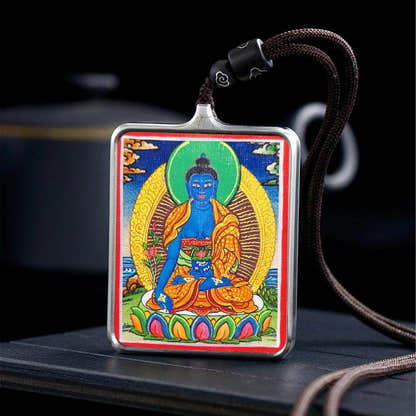 Handpainted Locket Thangka Amulet,Bhaisajyaguru,Medicine Buddha - Tibetan thangka painting, detailed view