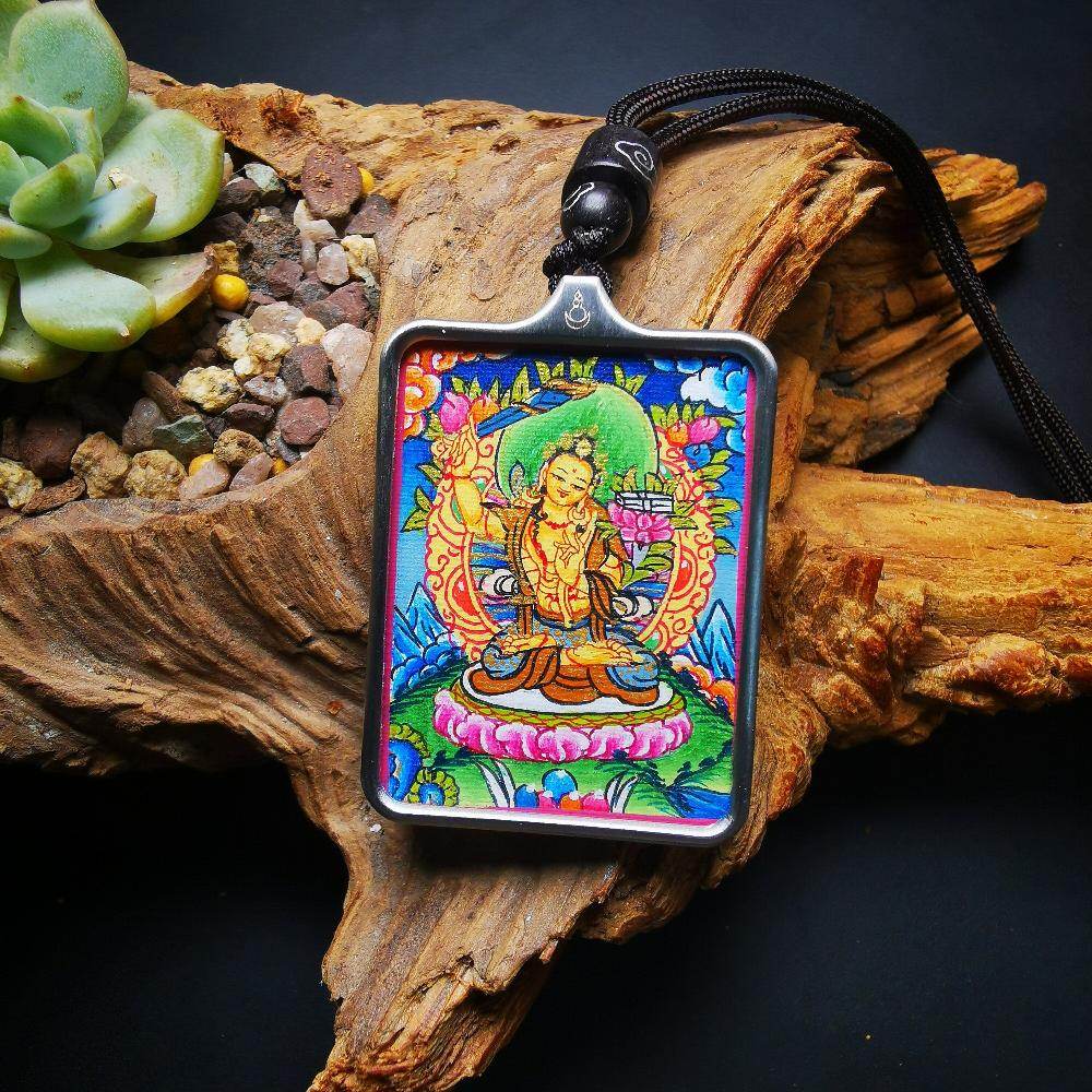 Handpainted Locket Thangka Amulet,Manjusri,Wisdom Buddha - Tibetan thangka painting, front view
