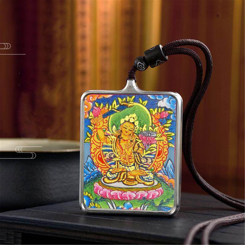 Handpainted Locket Thangka Amulet,Manjusri,Wisdom Buddha - Tibetan thangka painting, close-up detail
