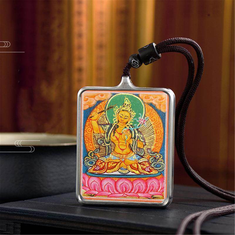 Handpainted Locket Thangka Amulet,Manjusri,Wisdom Buddha - Tibetan thangka painting, close-up detail