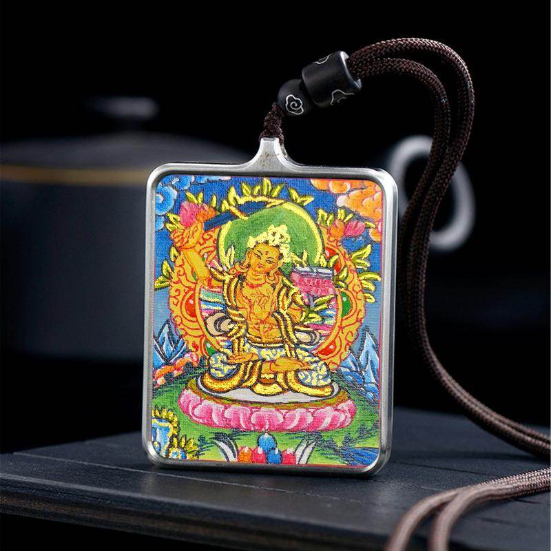 Handpainted Locket Thangka Amulet,Manjusri,Wisdom Buddha - Tibetan thangka painting, detailed view
