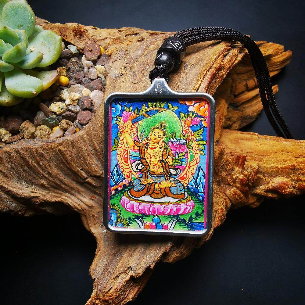 Handpainted Locket Thangka Amulet,Manjusri,Wisdom Buddha - Tibetan thangka painting, front view