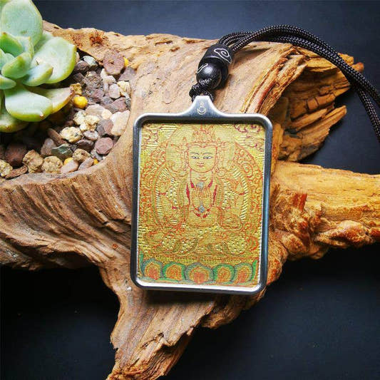 Handpainted Locket Thangka Amulet,Chenrezig,Avalokitesvara,Padmapani - Tibetan thangka painting, front view