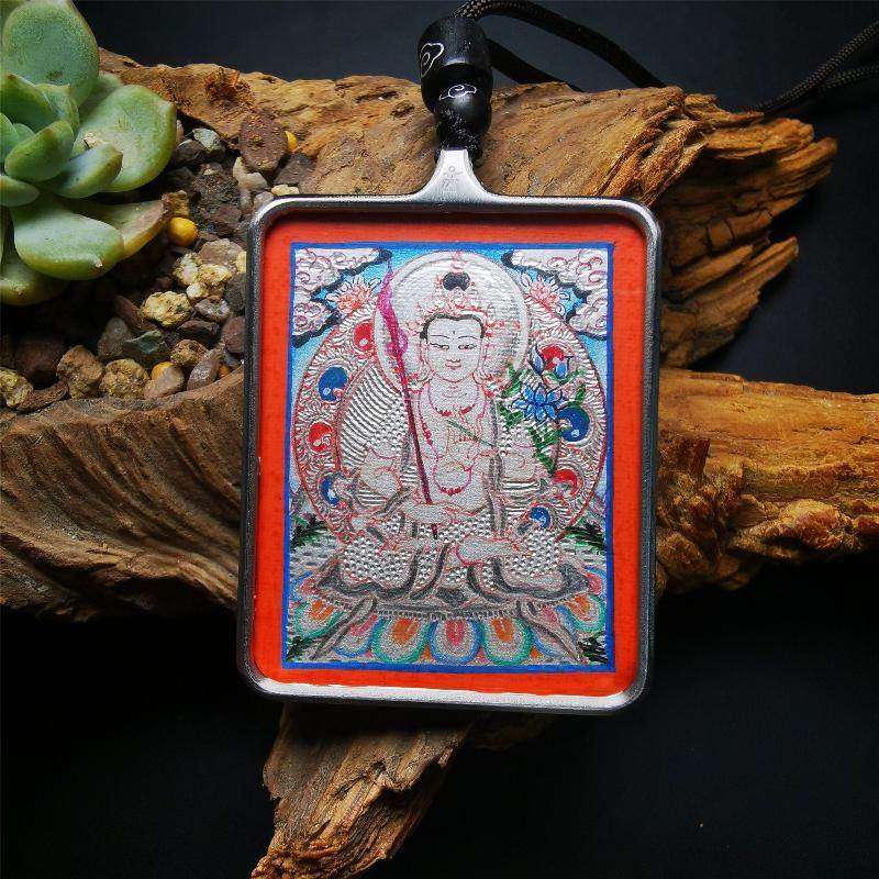 Handpainted Locket Thangka Amulet,Manjusri,Wisdom Buddha - Tibetan thangka painting, front view