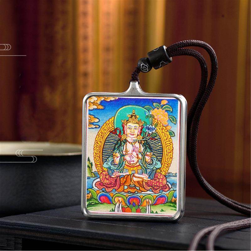 Handpainted Locket Thangka Amulet,White Tara,Arya Tara,Buddha of Wealth - Tibetan thangka painting, close-up detail