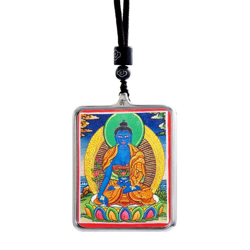 Handpainted Locket Thangka Amulet,Bhaisajyaguru,Medicine Buddha - Tibetan thangka painting, view 5