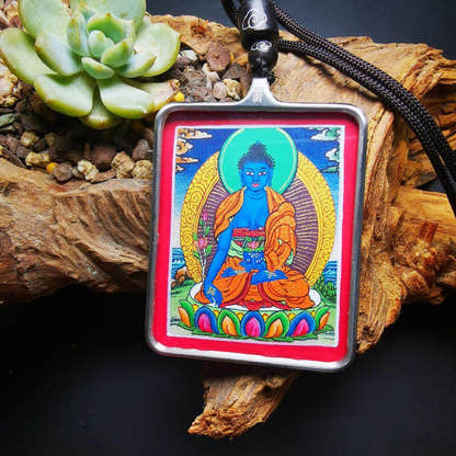 Handpainted Locket Thangka Amulet,Bhaisajyaguru,Medicine Buddha - Tibetan thangka painting, front view