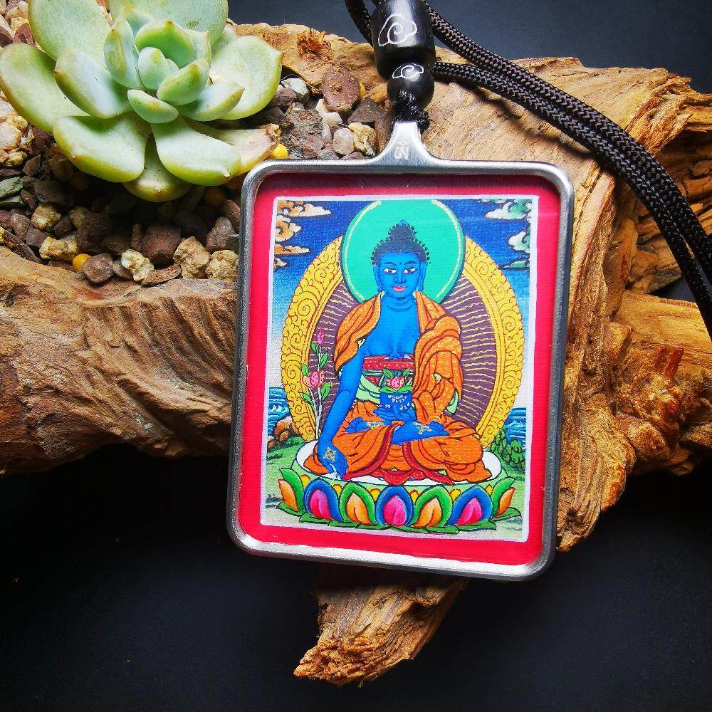Handpainted Locket Thangka Amulet,Bhaisajyaguru,Medicine Buddha - Tibetan thangka painting, front view