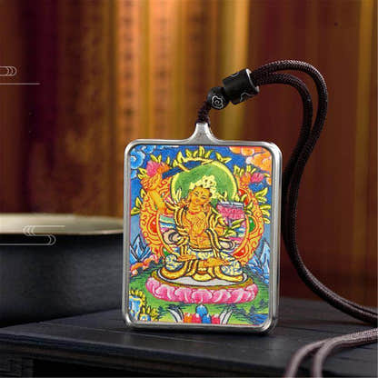 Handpainted Locket Thangka Amulet,Manjusri,Wisdom Buddha - Tibetan thangka painting, close-up detail