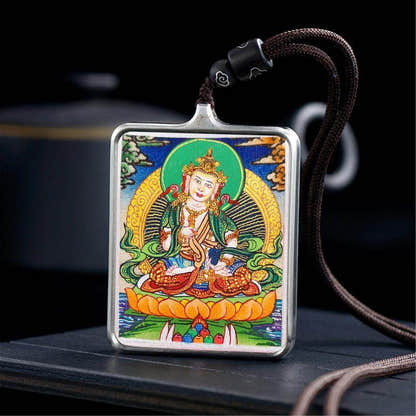 Handpainted Locket Thangka Amulet,Yellow Jambhala,Dzambhala,Vaisravana,Buddha of - Tibetan thangka painting, detailed view