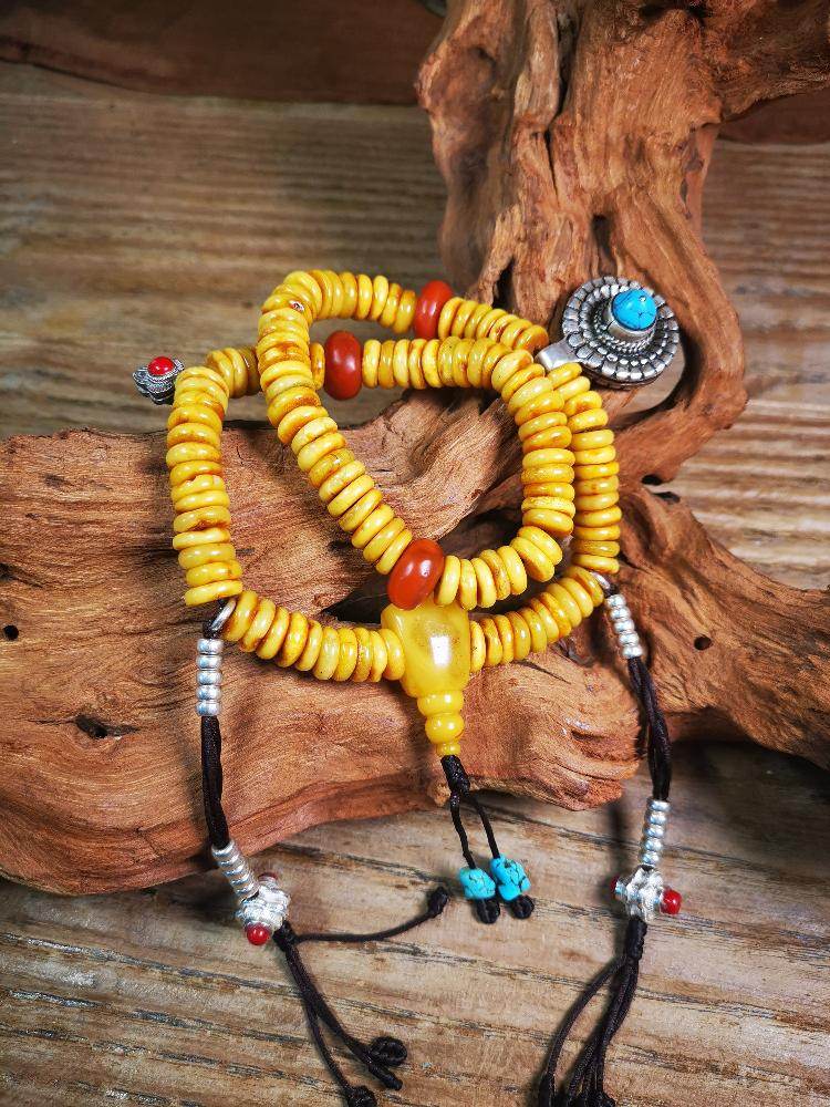 Amber Mala,Prayer Beads - Tibetan Buddhist mala beads, front view