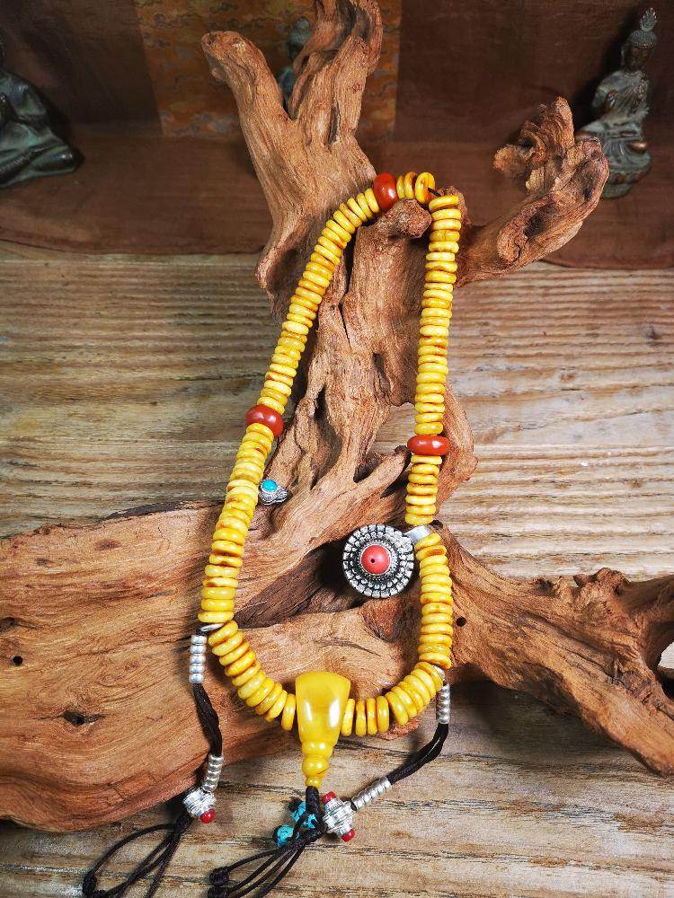Amber Mala,Prayer Beads - Tibetan Buddhist mala beads, close-up detail