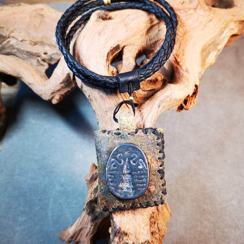 Gandhanra Antique Amulet Pendant,Stupa / Pagoda Tsa Tsa Mold on leather Sachet - Tibetan Buddhist amulet, front view