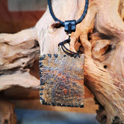 Gandhanra Antique Amulet Pendant,Stupa / Pagoda Tsa Tsa Mold on leather Sachet - Tibetan Buddhist amulet, detailed view