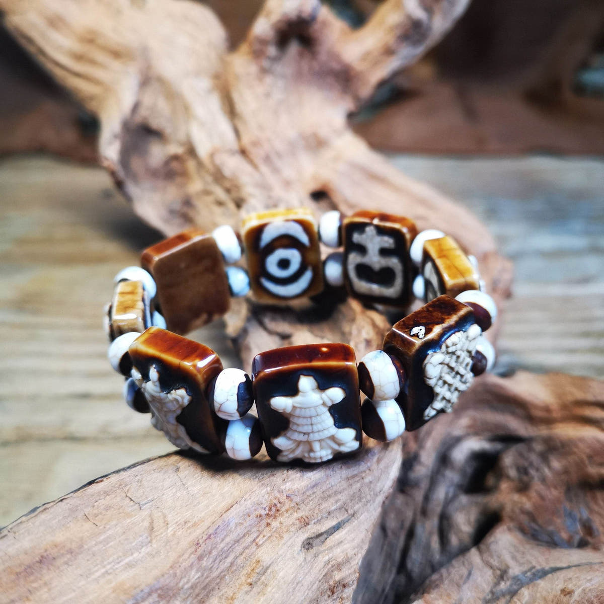 Ashtamangala Dzi Bracelet - Tibetan Buddhist mala beads, close-up detail
