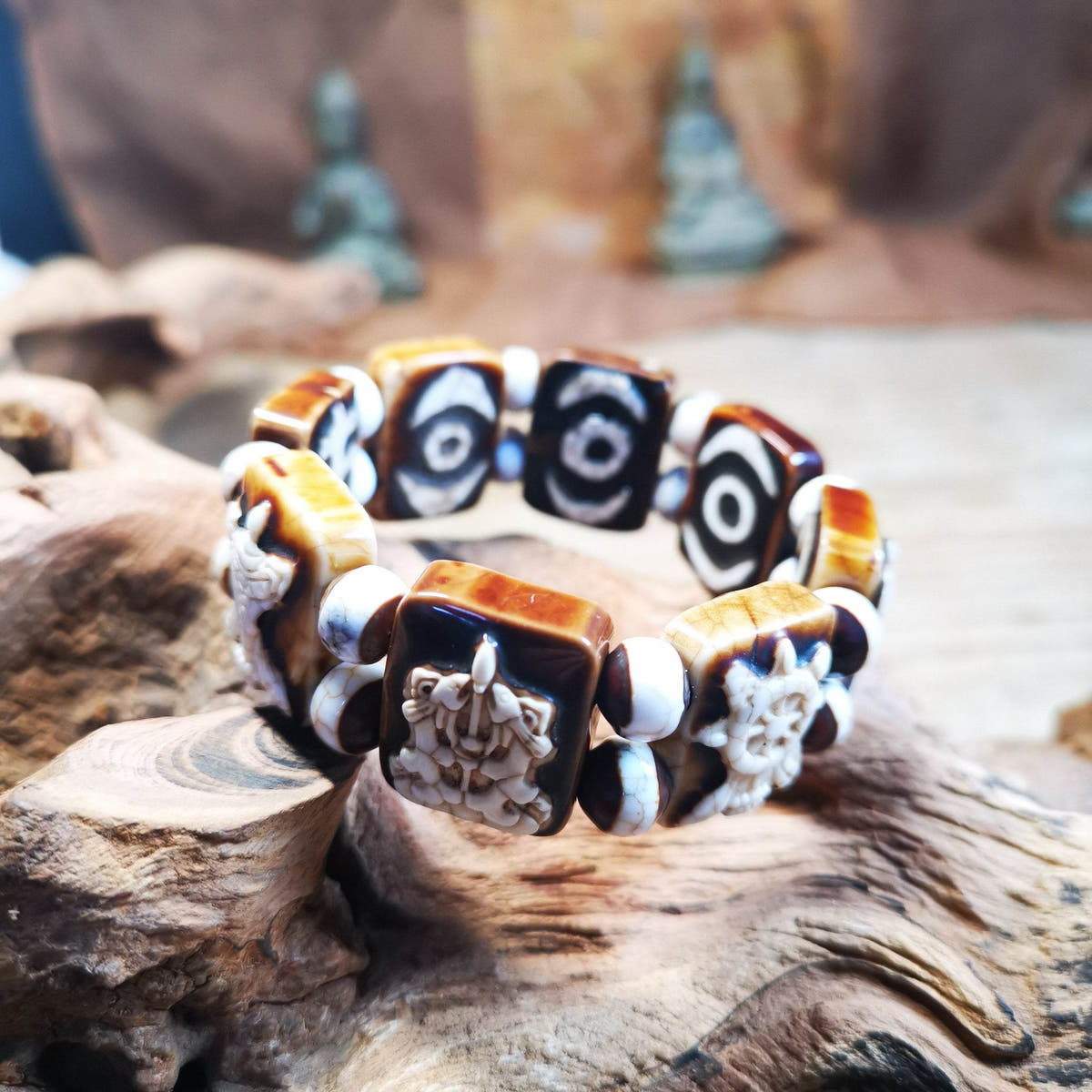 Ashtamangala Dzi Bracelet - Tibetan Buddhist mala beads, detailed view